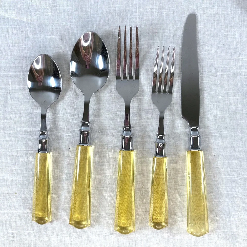 20pc Stainless Steel Flatware Set Clear Lucite/Acrylic Handles Service for 4